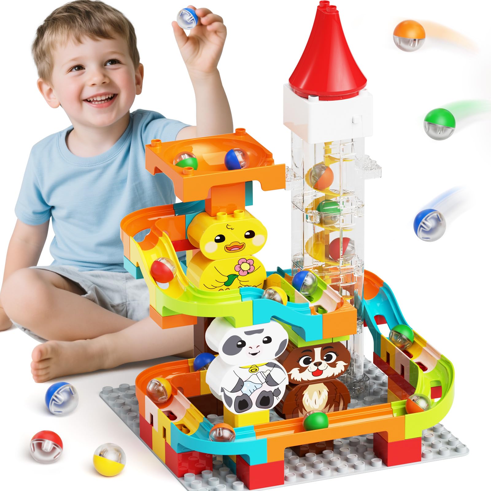 burgkidz Marble Runs with Motorized Elevator, 4 in 1 Configuration Marble Maze Animal Construction Set, 92pcs Marble Tracks Building Toys for Kids 3-7 Years, STEM Learning Gift for Boy Girl