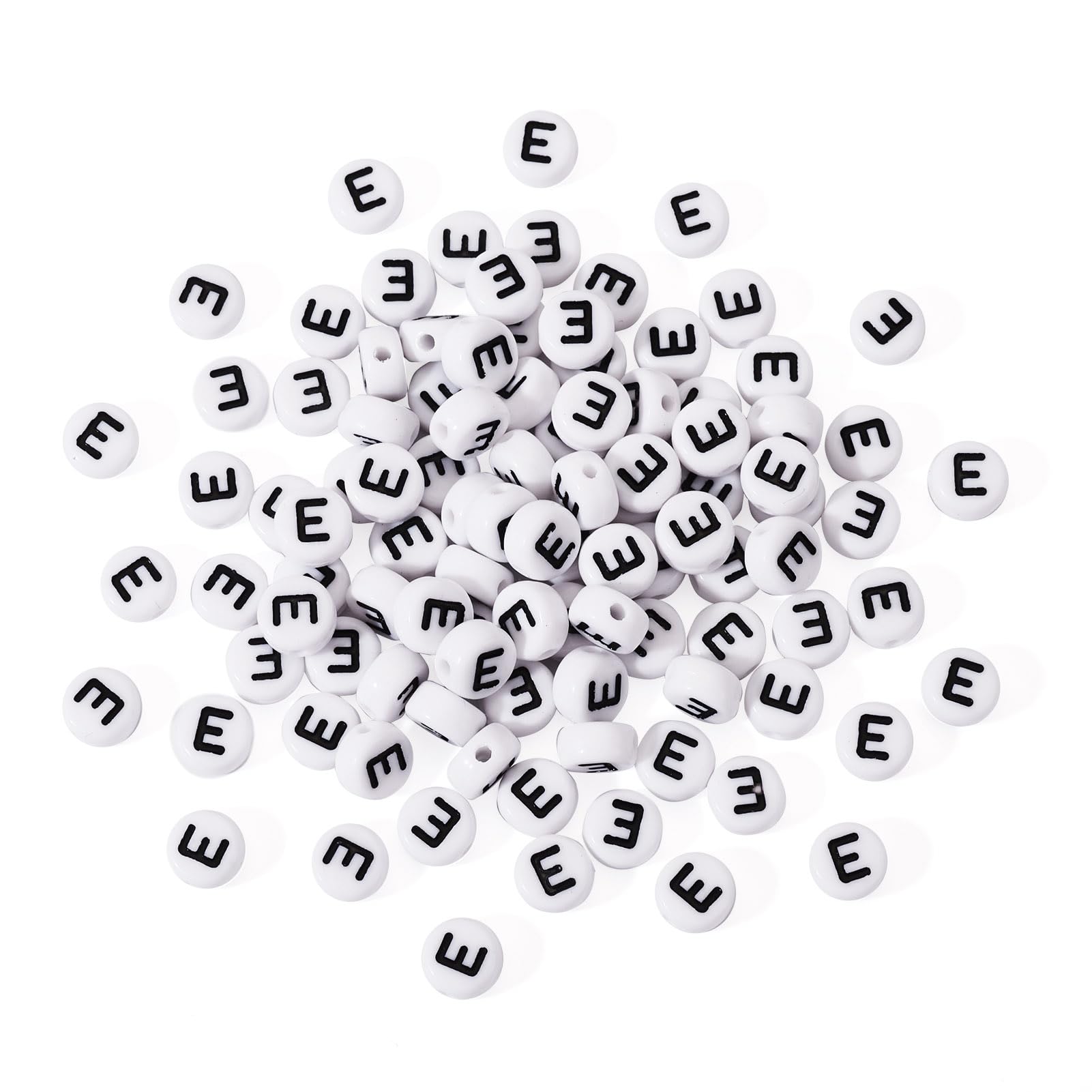 Pandahall 100Pcs Vowel Letter Beads 7x4mm White Alphabet Beads Flat Round with Letter E Acrylic Beads for Friendship Bracelet Jewelry Making