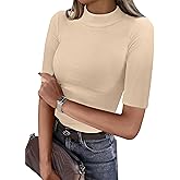 ANRABESS Womens Tops Mock Neck Half Sleeve Shirts Ribbed Knit Slim Fit Basic Tee 2026 Summer Fall Dressy Casual T-Shirts