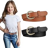 2 PCS Girls Belt 32.3" Elastic Leather Kids Belts, Exquisite Comfortable Skinny Strappy Waist Belt with Double O Ring Buckle (Black/Light Tan)