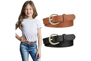 TEAAHA 2 PCS Girls Belt 32.3" Elastic Leather Kids Belts, Exquisite Comfortable Skinny Strappy Waist Belt with Double O Ring Buckle (Black/Light Tan)