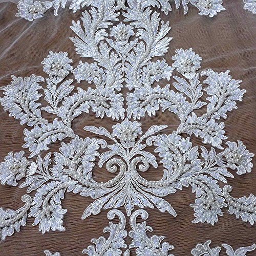 Off white large pattern cord lace fabric super heavy handmade beading wedding dress lace fabric 51' width 1 yard - Thumbnail 7