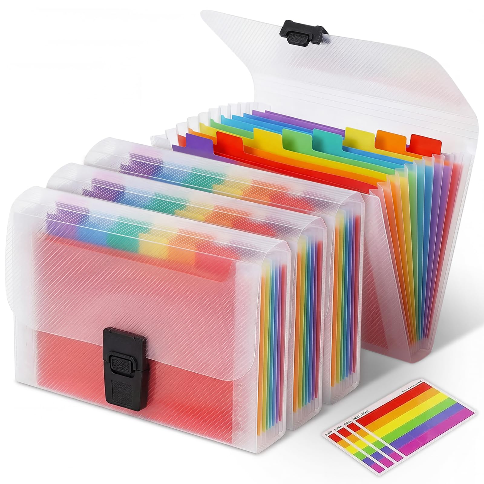 4 Pack Expanding File Folder A6 Size 13 Pockets Portable Rainbow Document Organiser Multicoloured Plastic Expandable Organizer Wallet Case with Colored Labels Index