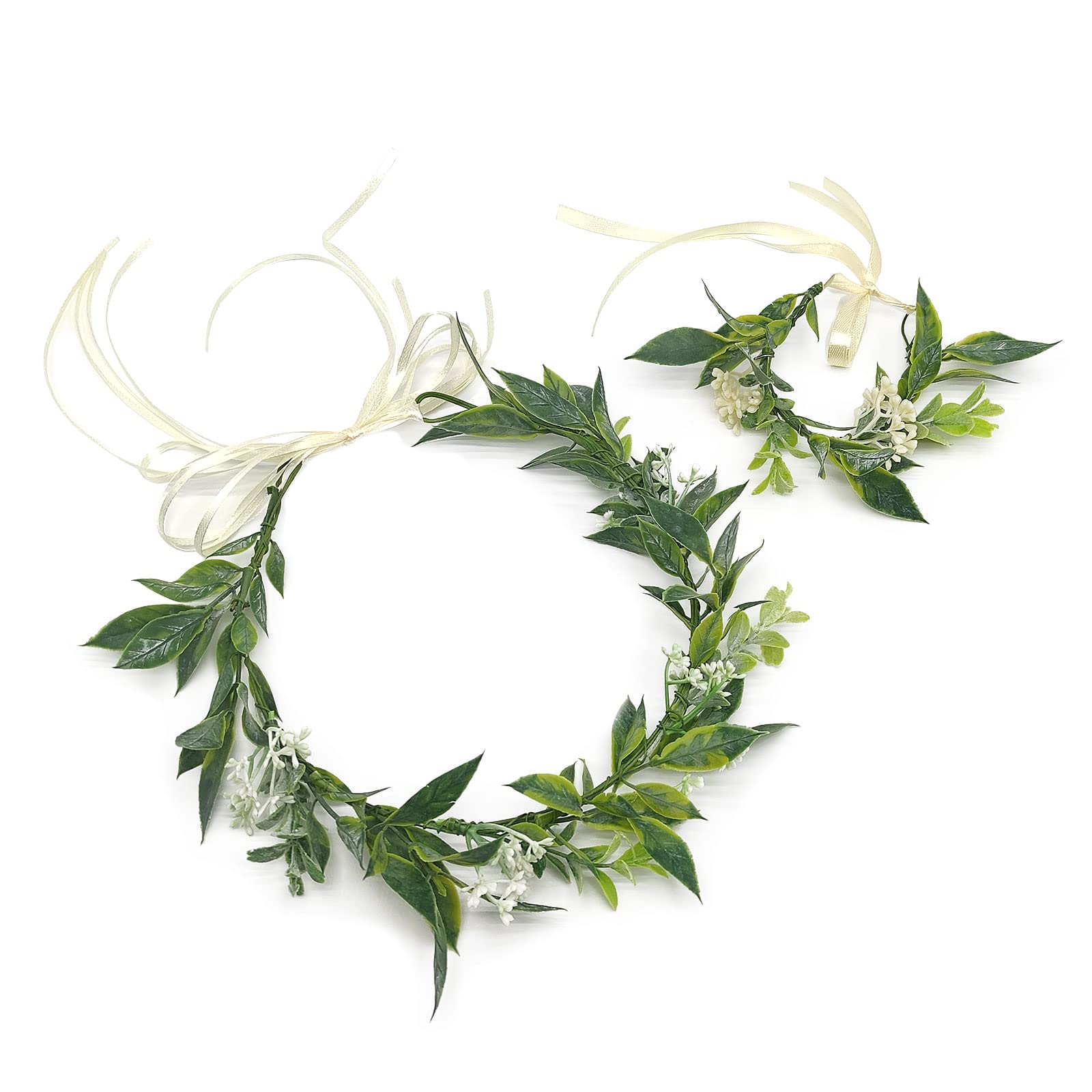 MIVAIUN Green Flower Crown and Bracelets Eucalyptus Crown Garland Headpiece with Ribbon Adjustable Wreath Leaf Floral Festival Boho Wedding Suitable for Children Women