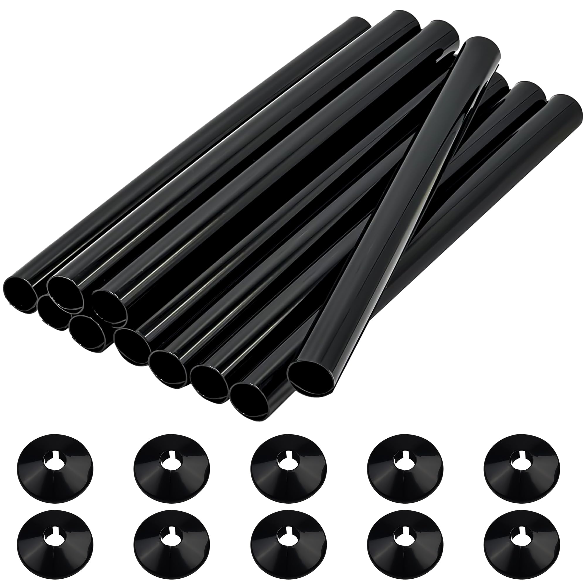 10 PCS Black Radiator Pipe Covers and Collars 200mm x 15mm Thickened Sleeves Plastic Snap On Caps