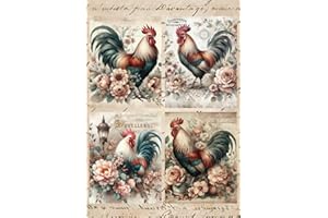 EUROPEAN EXCELLENCY Rooster Rice Paper for Decoupage A4 I Easter Craft Supplies I Rooster Decoupage Paper Vintage IScrapbook Paper (Roosters in Flowers - 2 Sheets)