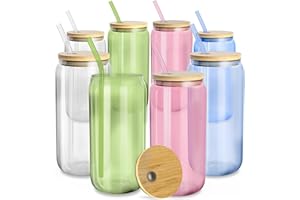 fullstar Glass Cups with Lids and Straws - Drinking Glasses, Glass Tumbler with Straw and Lid, Iced Coffee Cups, Glass Coffee Cups with Bamboo Lids (Multicolor, 8 Pack)
