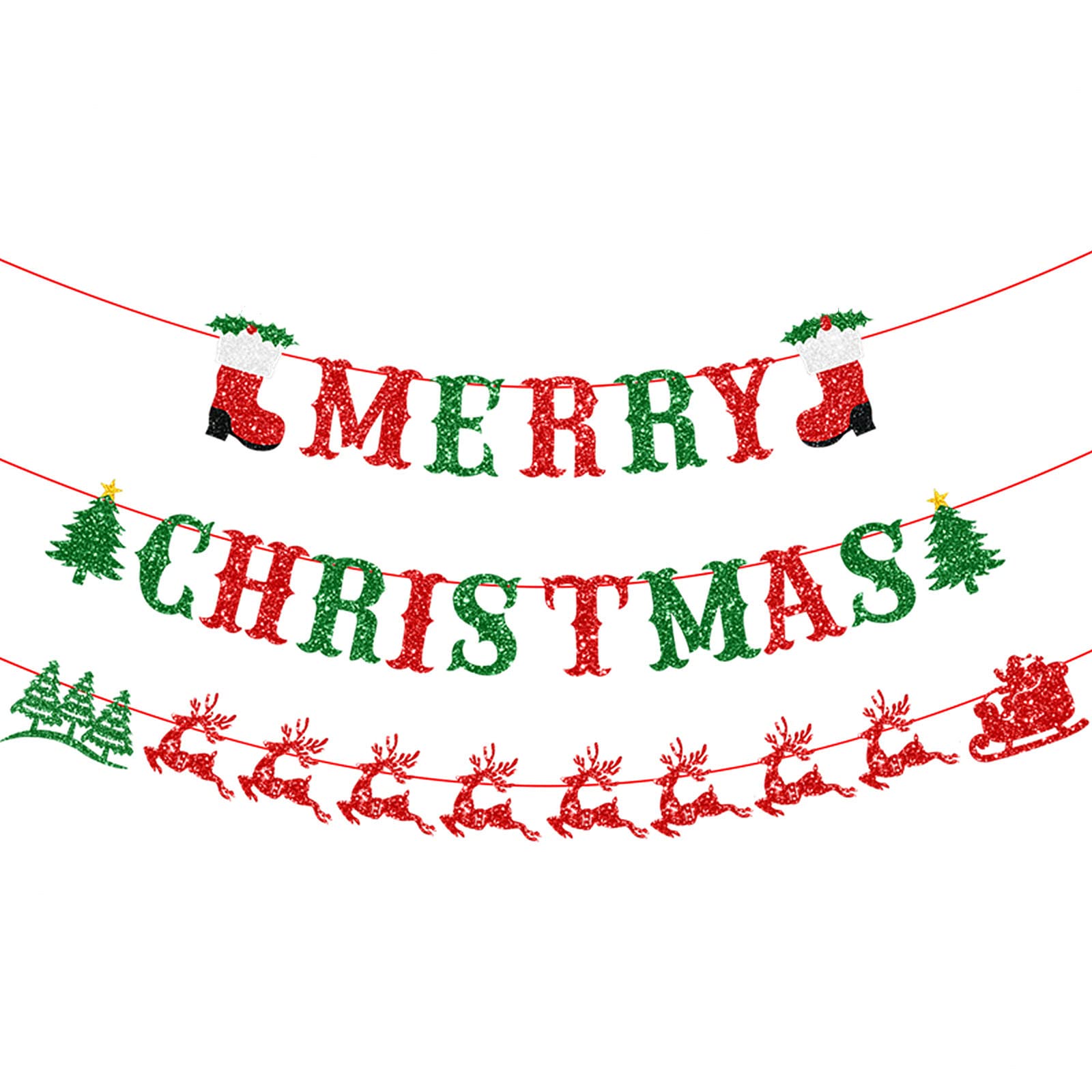 bng-bng Merry Christmas Bunting Banners Reindeer Garland Bunting Santa Sleigh Banner Decorations Glitter Hanging for Christmas Party Decorations Supplies Photo backdrop Red Green