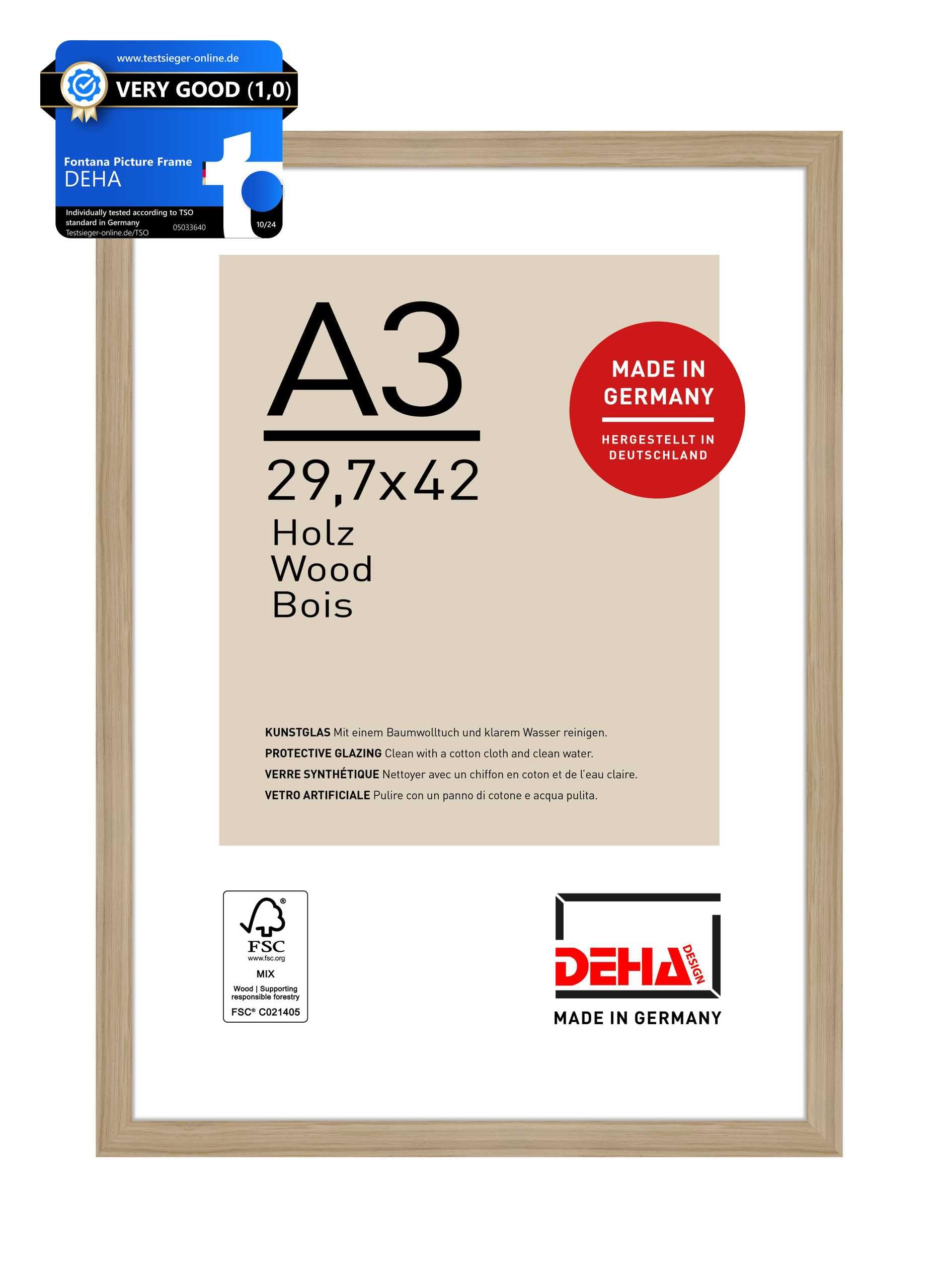 DEHA Design Fontana Wooden Picture Frame - A3 (29.7x42 cm) – Oak - with Synthetic Glass and Push/Turn Clips