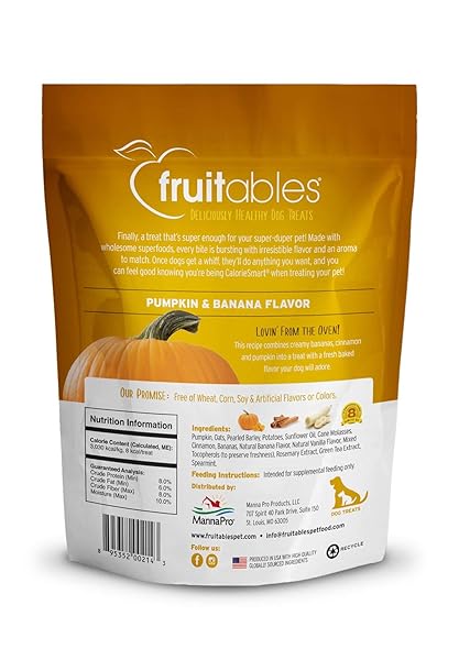 FRUITABLES BAKED DOG TREATS, HEALTHY PUMPKIN TREAT FOR DOGS, LOW CALORIE & DELICIOUS, NO WHEAT, CORN OR SOY, MADE IN THE USA, PUMPKIN AND BANANA FLAVOR, 7OZ