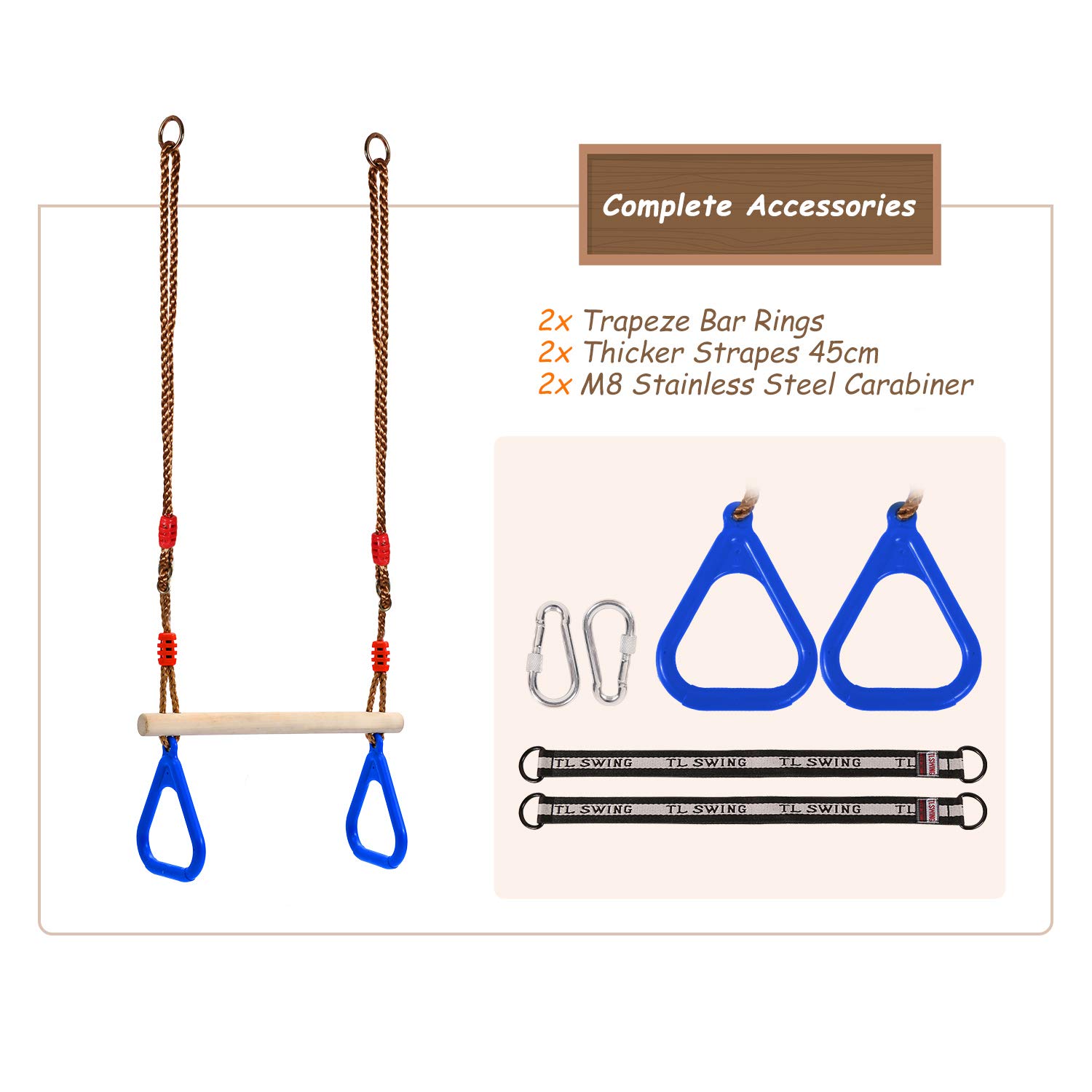 RedSwing Trapeze Swing Bar Rings, Trapeze Bar for Kids with Adjustable Rope, Locking Straps, Outdoor Swing Set Playground Accessories, Blue