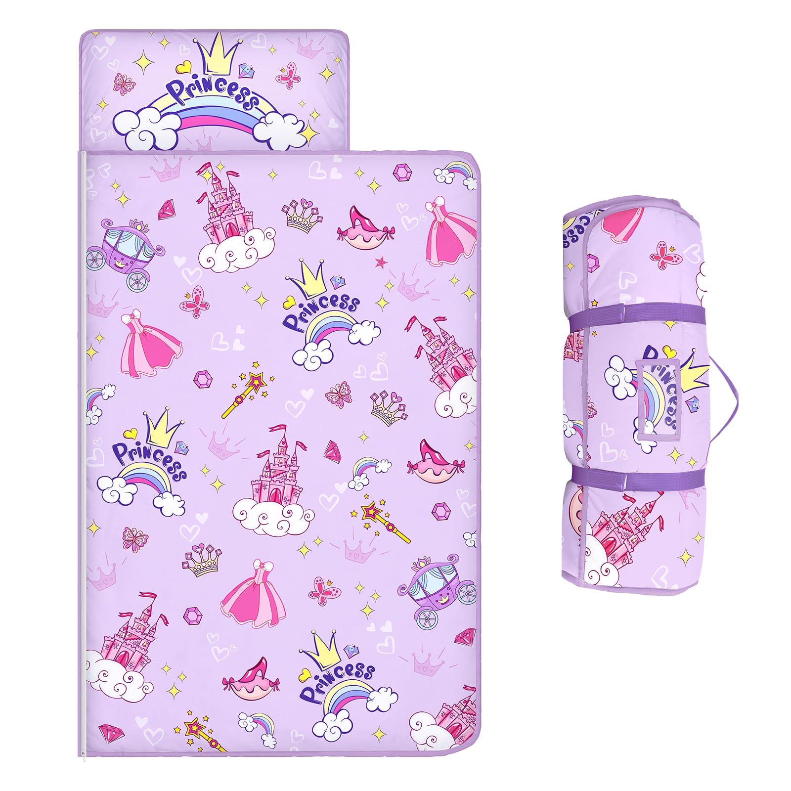 Kids Sleeping Bag,Nap Mat with Removable Pillow and Blanket,Warm Toddler Slumber Bag 150x60cm for Toddlers Boys Girls, Roll Up Kids Sleeping Mat for Bedroom Daycare Kindergarten,Princess Castle — image 1