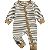 Karuedoo Newborn Infant Baby Boy Clothes Striped Waffle Long Sleeve Zipper Romper Jumpsuit One-Piece Fall Winter Outfit