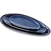 vicrays Large Oval Serving Platters, 16"/14"/10" Porcelain Serving Platters for Party, BBQ,Stackable Serving Trays Serving Plates for Appetizers, Sushi, Restaurant, Dessert, Set of 3 (Blue)