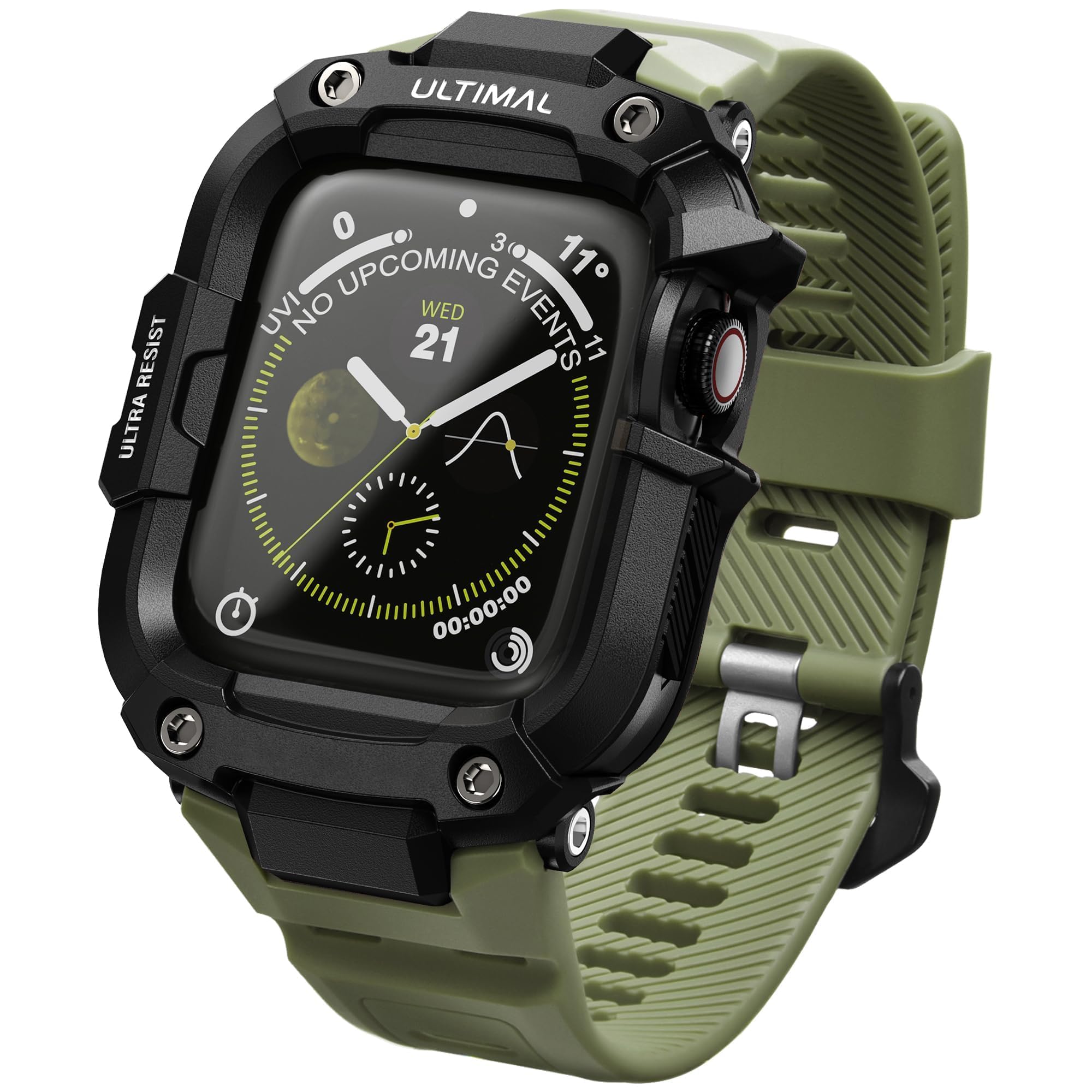 ULTIMAL Case with Band Compatible with Apple Watch Straps Series 6 5 4 SE SE2 SE3 44mm, Rugged Military Grade Protective Bumper Cover for iWatch Strap Men (44mm, Green)