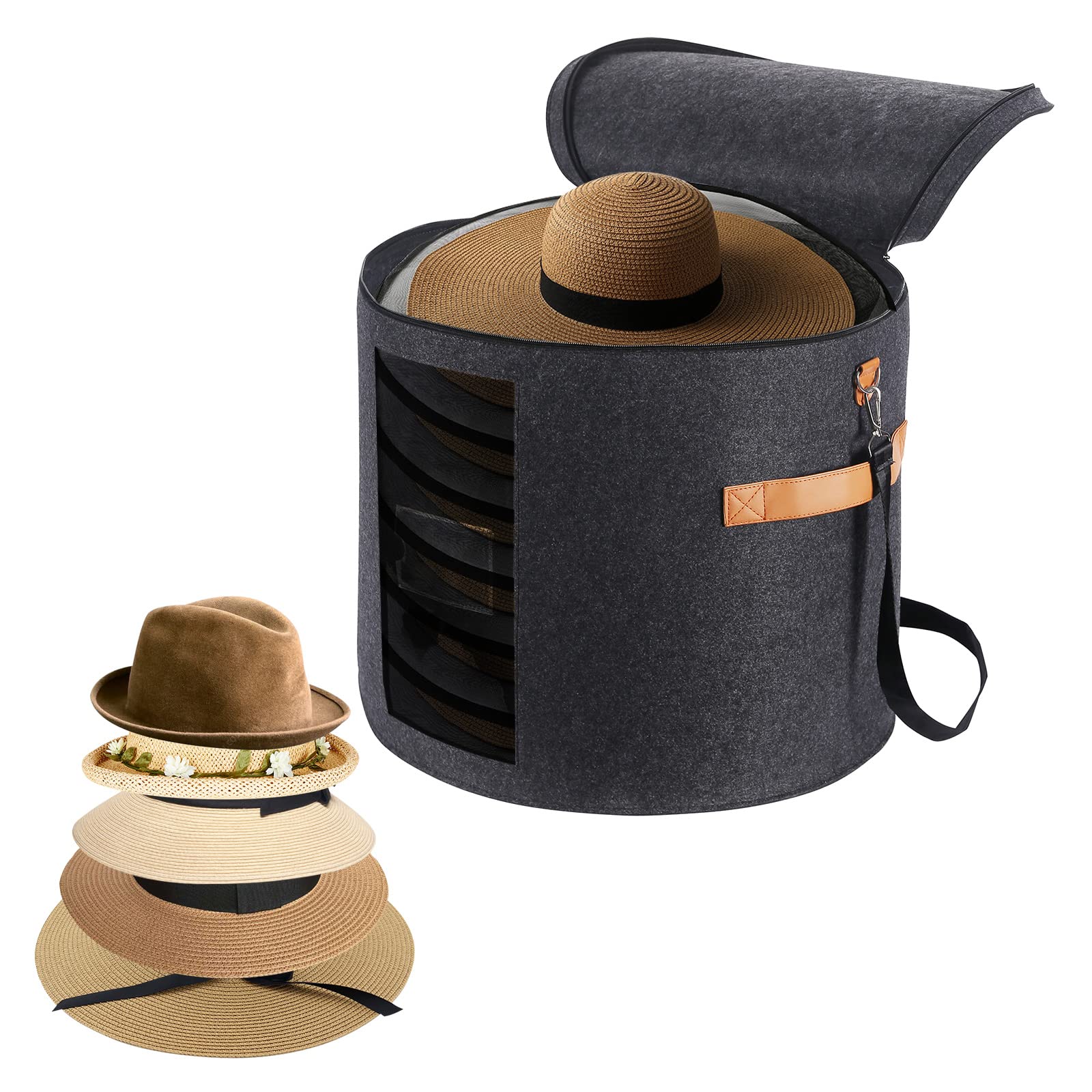 Large Hat Storage Box 19'' for Women and Men - Foldable Round Box With Lid, Felt Stuffed Animal Toy Storage Bin, Dark Gray