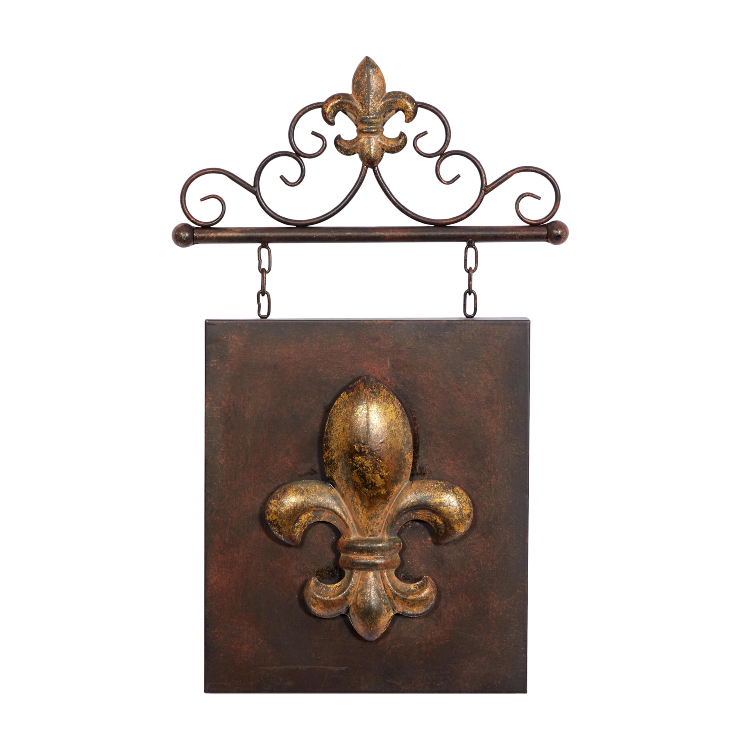 Deco 79 Metal Fleur De Lis Suspended Wall Decor with Scrollwork Hanger, 15" x 2" x 23", Bronze