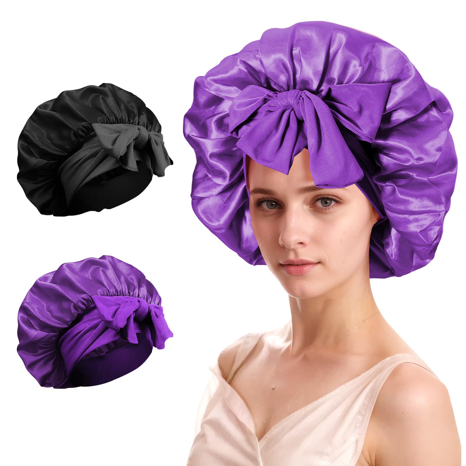 COODAM Silk Satin Hair Bonnet for Sleeping - 2PCS Silk Sleep Bonnets for Women Curly Hair, Soft Breathable Satin Bonnet with Tie Band Hair Wrap Cap for Sleeping (#06)