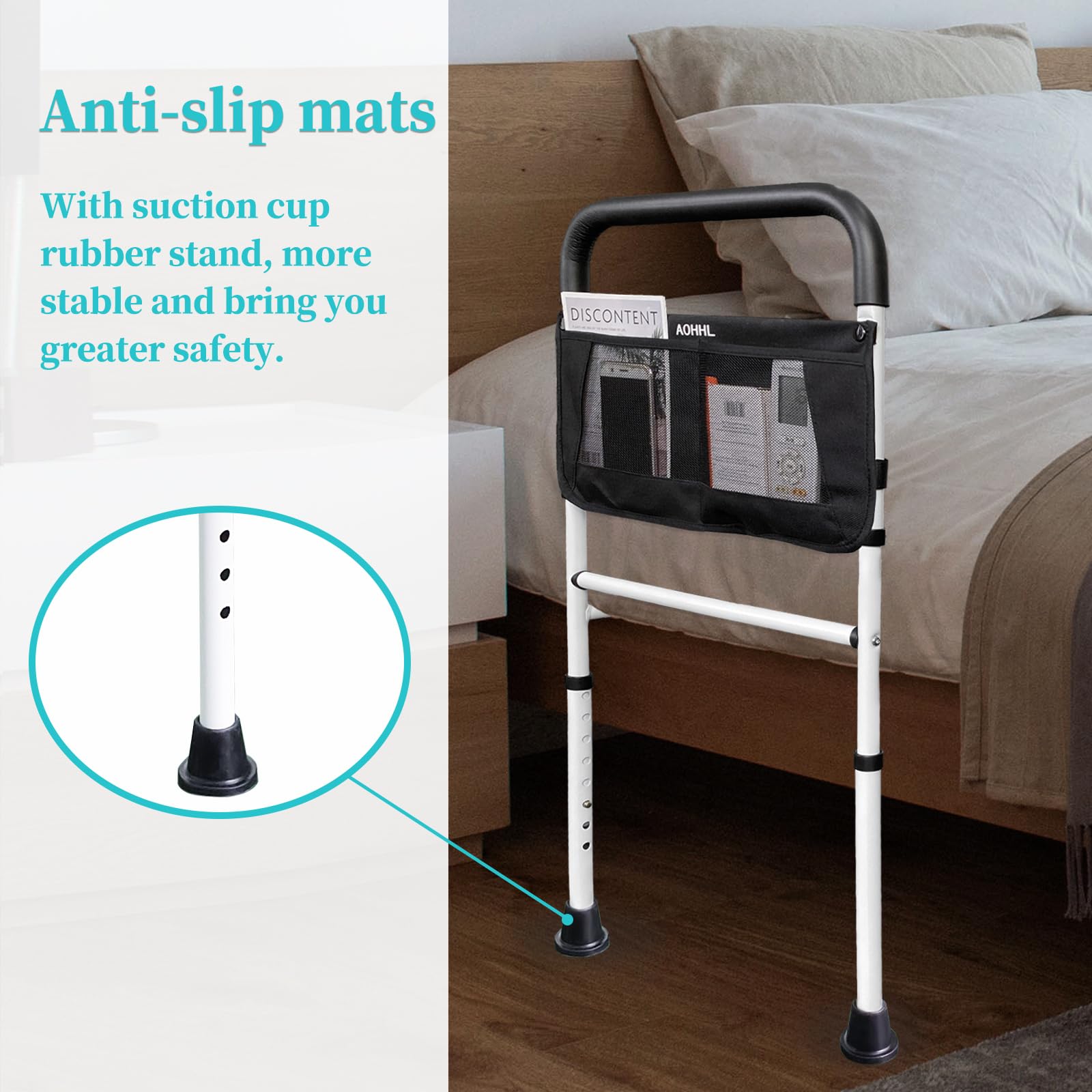 Bed Rails for Elderly Adults Safety with Adjustable Heights Storage Pocket Assist Support Side Railings for Seniors Citizens Slides Under Mattressbed Cane Medical Bed Guard Bed Handles Bars (White)