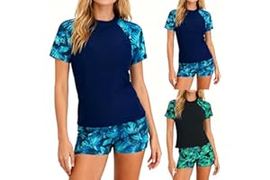 Women's Two Piece Rash Guard Short Sleeve Swim Shirts Built in Bra Swimsuit with Boyshorts Modest Tankini Bathing Suit