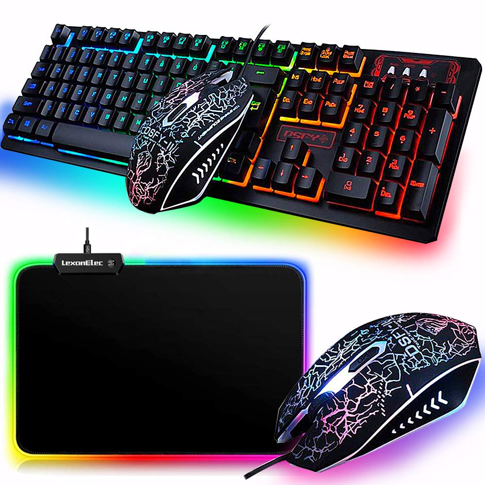 Gaming Keyboard Mouse Combo K13 Wired Rainbow Led Backlit 104 Keys Ergonomic Gamer Keyboard + 2400DPI Adjust 6 Buttons Usb Optical Game Mouse + RGB Gaming Mousepad for PC Laptop Computer - Black