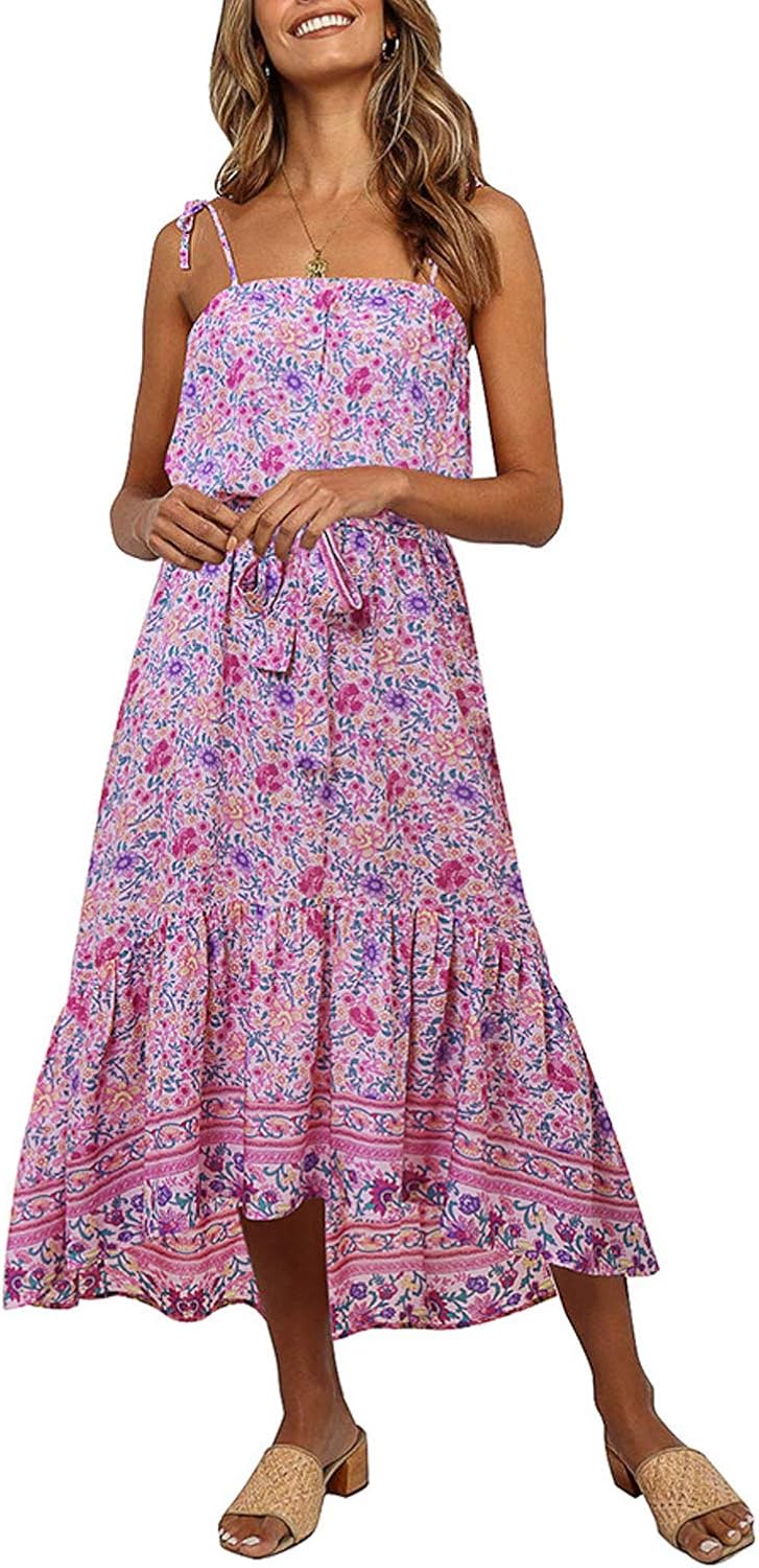 Women Summer Bohemian Dress Swing Floral Casual Boho Dresses with Belt