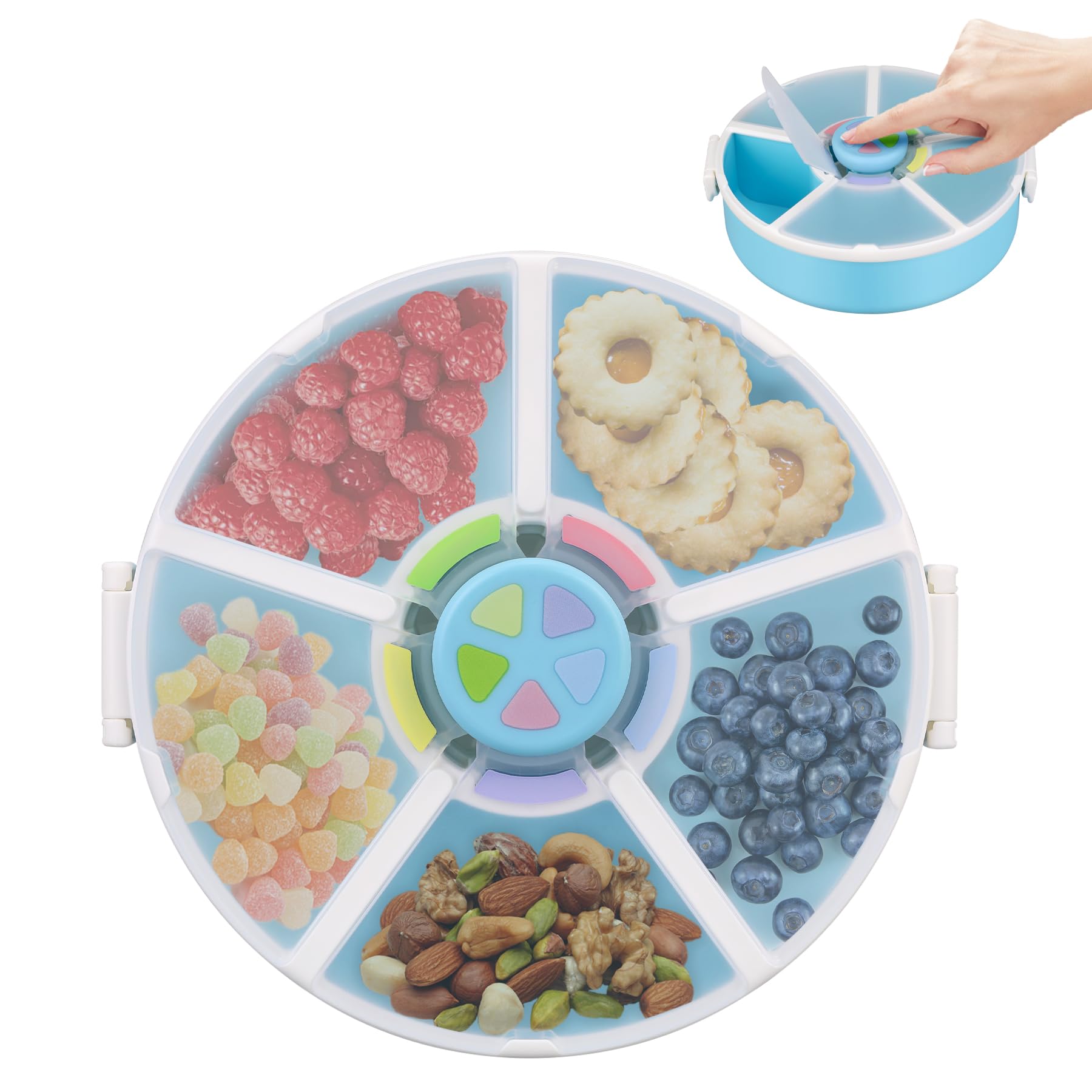 Photo 1 of Pawtong Snack Rotator Container Reusable Snack Box with 5 Compartment Dispenser and Lid, Color Matching Opening Lid, BPA and PVC Free, for Home, School, Travel (1 Pack- Blue)