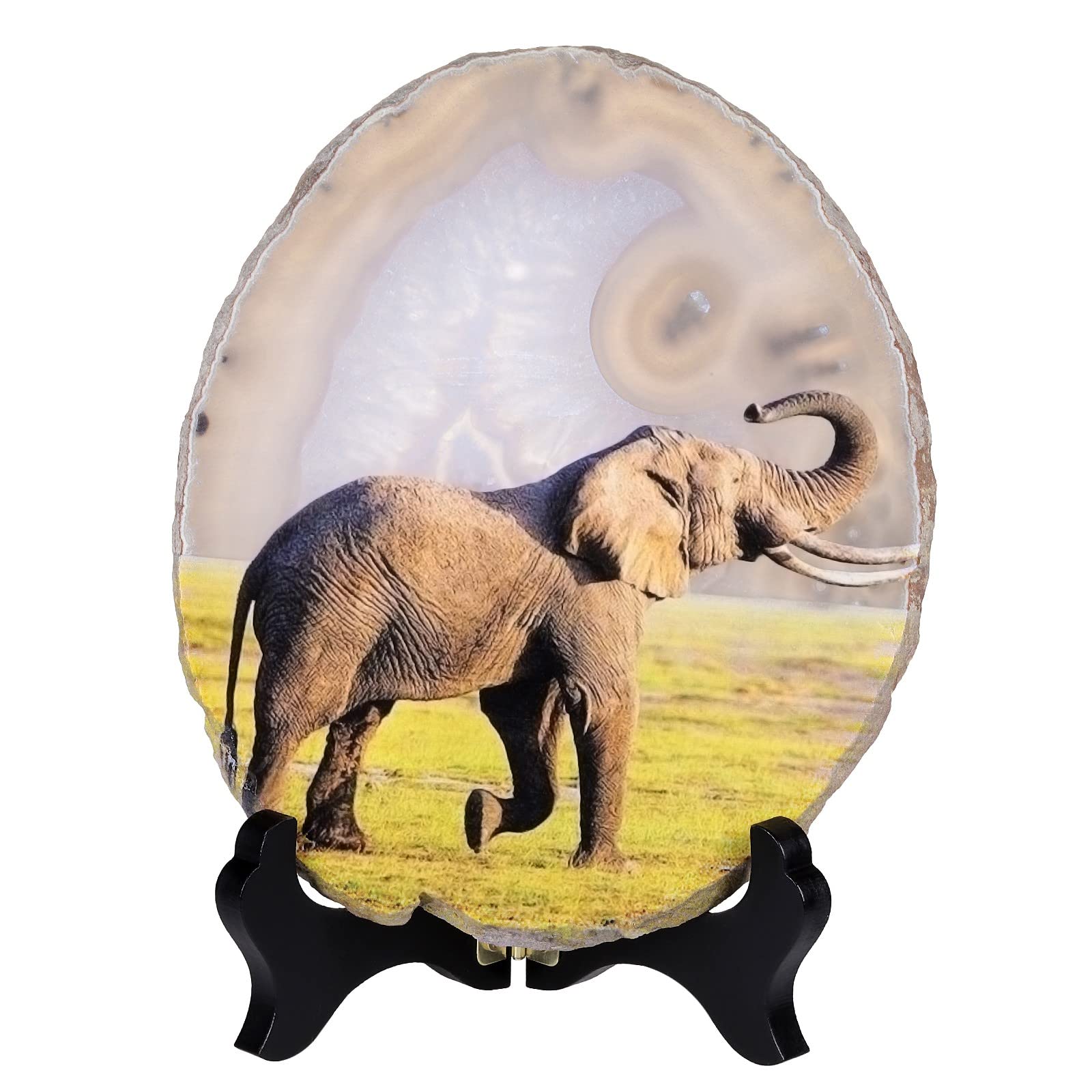 KYEYGWO Natural Irregular Agate Slice Painting Decor with Wooden Stand Agate Geode Slab for Desk Hallway, Elephant