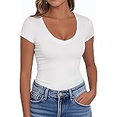 PALINDA Women's V Neck Fitted Shirts Basic Casual Stretchy T Shirt Short Sleeve Summer Tops