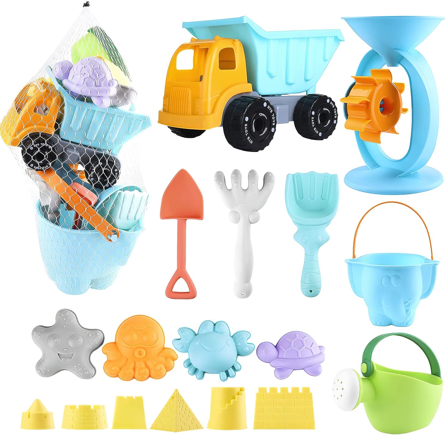balnore Beach Toys with 20 Pieces Mesh Bag with Pail Car Animals Castle and Other Tools Kit Macaron Sand Play Set for Kids, Beach Toys Set Gifts for Boys and Girls: Toys & Games