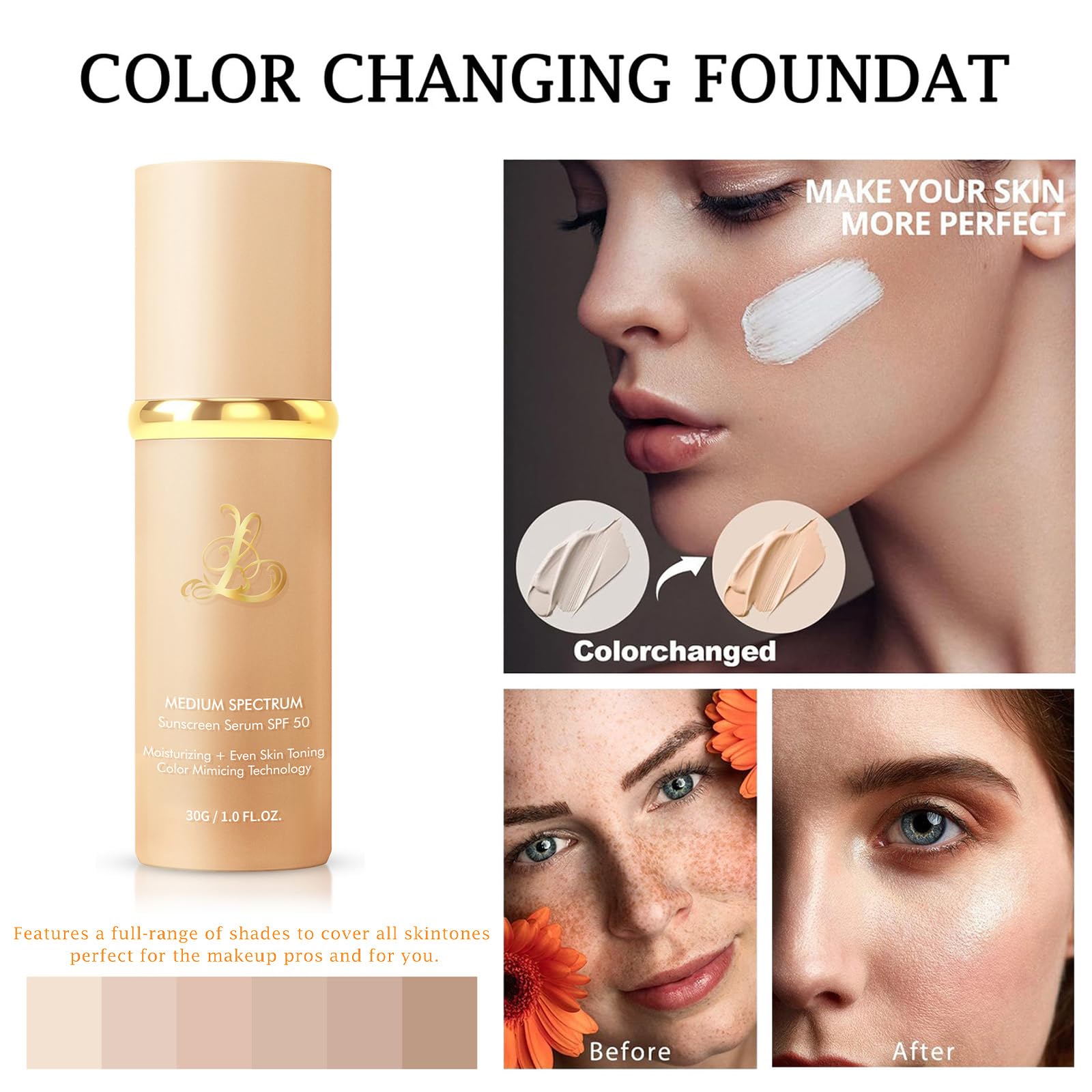 SPRINGSKY Match Foundation 4-in-1 with SPF 50 : Color Changing Foundation Medium Spectrum with 2 Brushes and 2 Cosmetics Sponge - Moisturizing & Concealer Face Makeup for All Skin Types