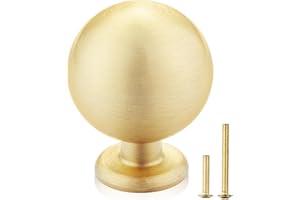 QOGRISUN 5-Pack Solid Brass Cabinet Knobs, Round Ball Gold Knobs for Dresser Drawer, 1.1-Inch Diameter, Sphere Cabinet Pulls, Brushed Brass Finish