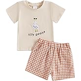 Ysfanwuxi Toddler Baby Boy Girl Goose Clothes Silly Goose Short Sleeve T-Shirt and Plaid Shorts Set 2Pcs Summer Outfits