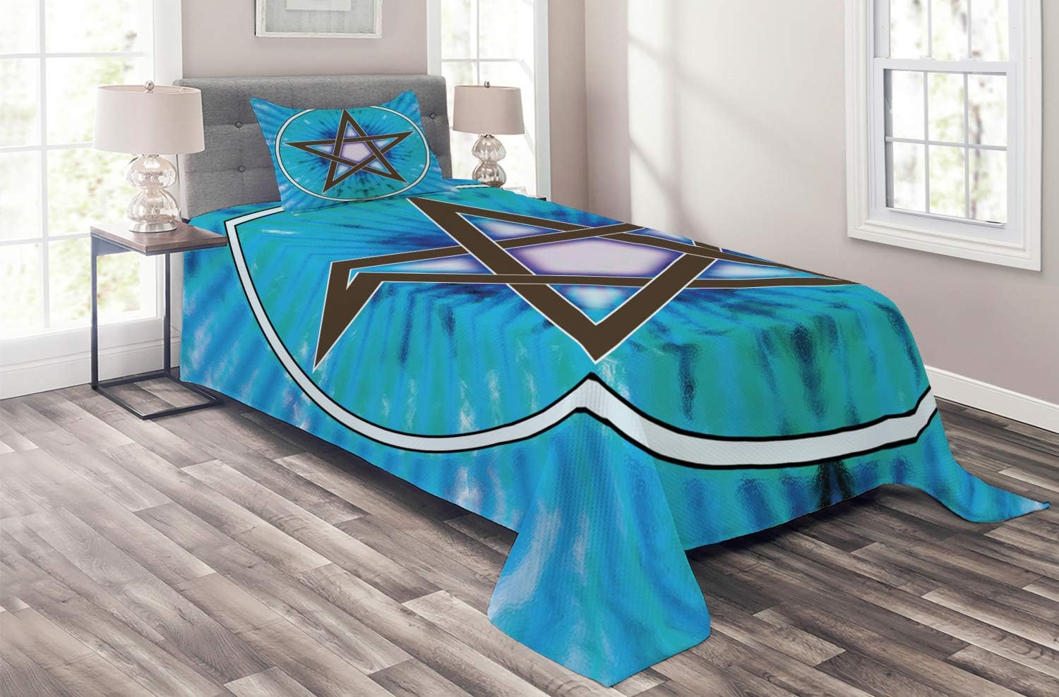 Ambesonne Pentacle Coverlet, Interlaced Pentagram Star Framed by Circular Shape on Beam Hand Drawn Pattern, 2 Piece Decorative Quilted Bedspread Set with 1 Pillow Sham, Twin Size, Azure Blue