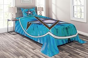 Ambesonne Pentacle Coverlet, Interlaced Pentagram Star Framed by Circular Shape on Beam Hand Drawn Pattern, 2 Piece Decorative Quilted Bedspread Set with 1 Pillow Sham, Twin Size, Azure Blue