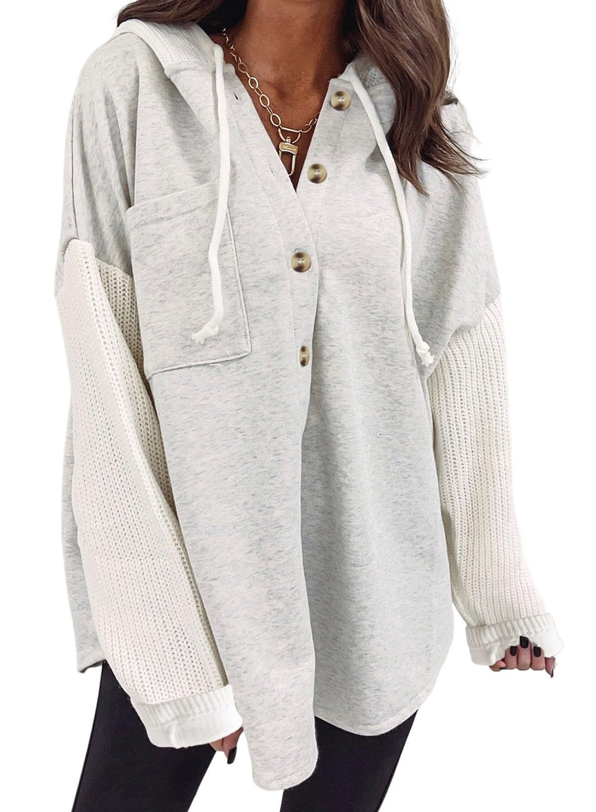 Photo 1 of SHEWIN Womens Oversized Sweatshirt Hoodies Casual Long Sleeve Solid Button Down Hooded Jackets for Women Casual Fall Outfits with Pockets,US 16-18(XL),Gray