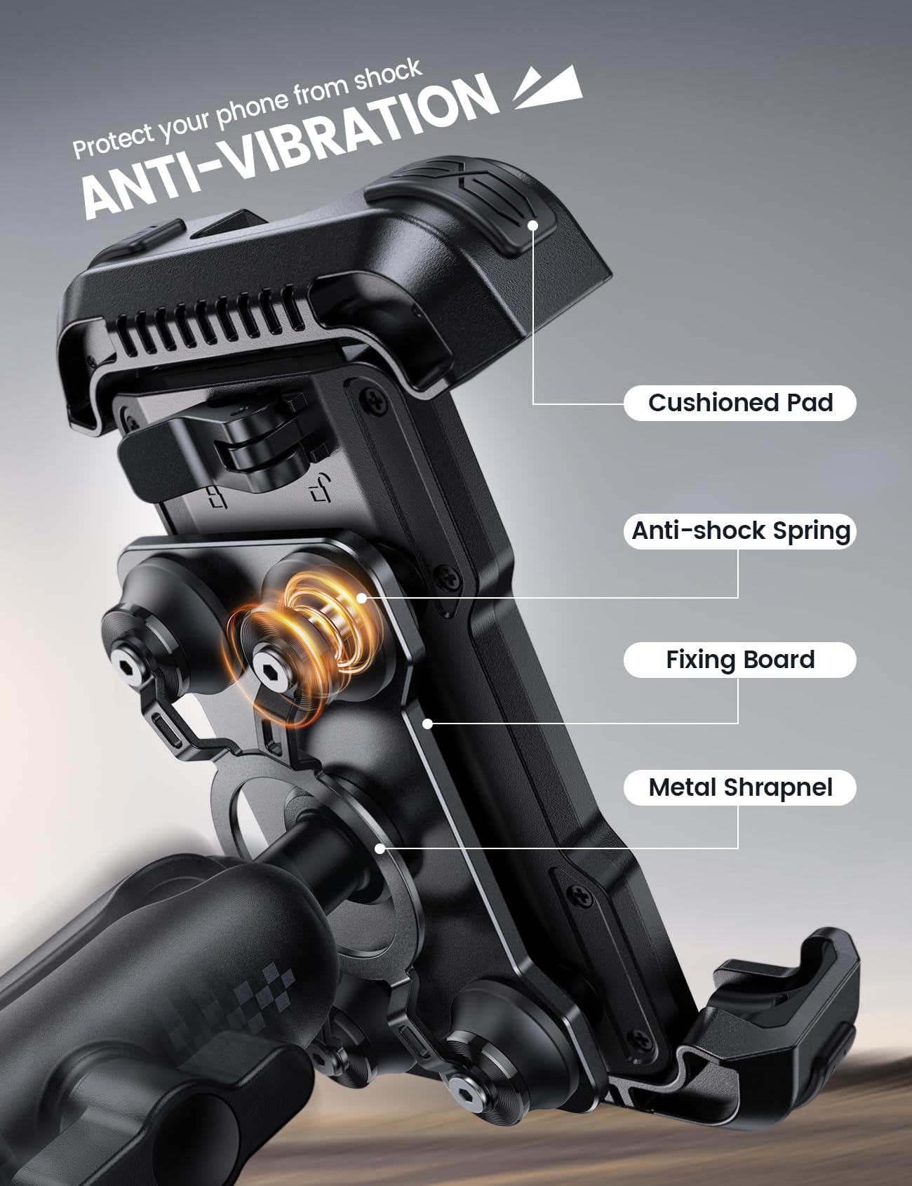 Motorcycle Phone Mount Holder - [Metal Extension Arm] [Dual Vibration Dampener] Motorcycle Cell Phone Mount, Bike Phone Handlebar Clamp for iPhone 16 15 14 13 Pro Max Plus, 4.7-6.7