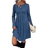 OFEEFAN Long Sleeve Dress for Women Crew Neck Empire Waist Tunic Dress with Pockets