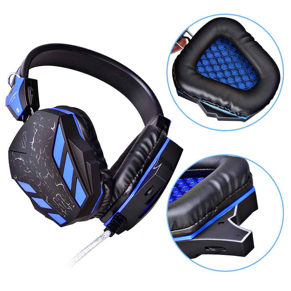 PC Gaming Headset, Topoint Comfortable 3.5mm Stereo Over-ear USB Gaming Headphone with Mic and LED Color Gradient light for Computer/Laptop-Blue