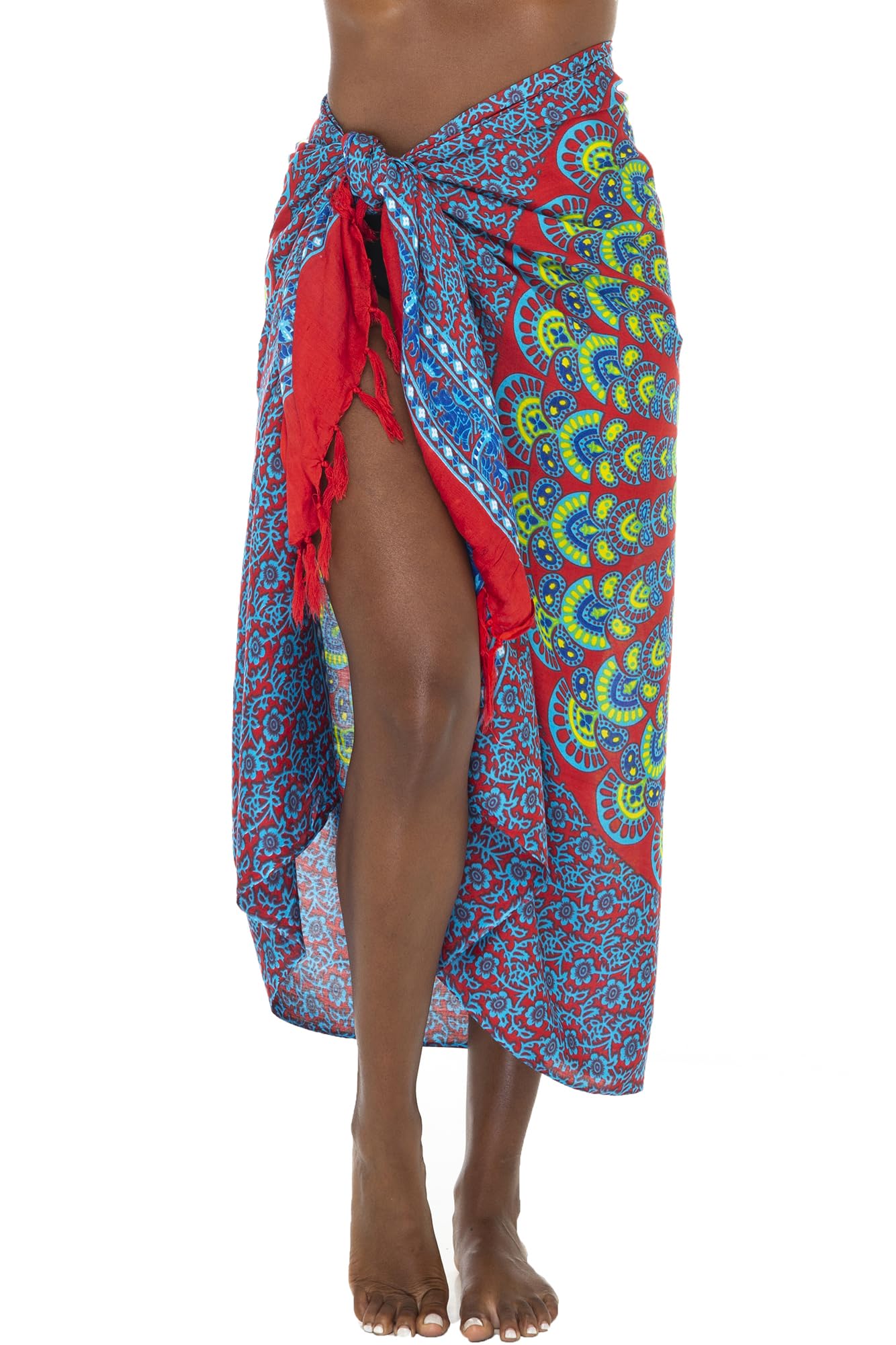 SHU-SHI - Beach Sarong - for Women - Bikini/Swimsuit Wrap & Clip - Mandala Peacock - One Size - Red