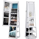 Hzuaneri 16 LEDs Jewelry Cabinet Armoire, Standing Jewelry Organizer with 360° Rotating Base, Lockable Full-length Mirror, 5-tier Storage Shelves, 4-in-1 Design, 61.5" H, White and Black JC15903B