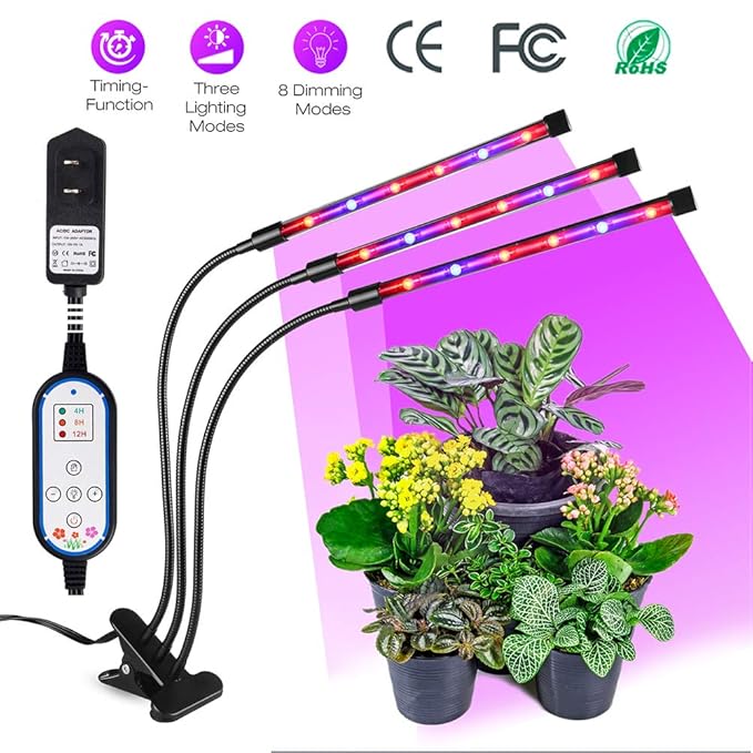 LED-Pflanzenlampe - Semlos Drei-Kopf-Pflanzenlicht Automatik-Timer [4/8 / 12H], 18 LEDs für Pflanzenwachstumslicht, 8 Helligk