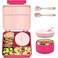 LOHASOK Bento Lunch Box with 8oz Soup Thermo, Leak-Proof Lunch Containers with 4 Compartment, Thermo Hot Food Jar and Insulated Lunch Box for School Pink