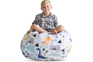 Creative QT Stuff ’n Sit Large 33’’ Bean Bag Storage Cover for Stuffed Animals & Toys, Giant Bean Bag Chair for Plush, Toddler & Kids Bedroom Organizer, Dinosaur - Stuffed Animal Storage Cover