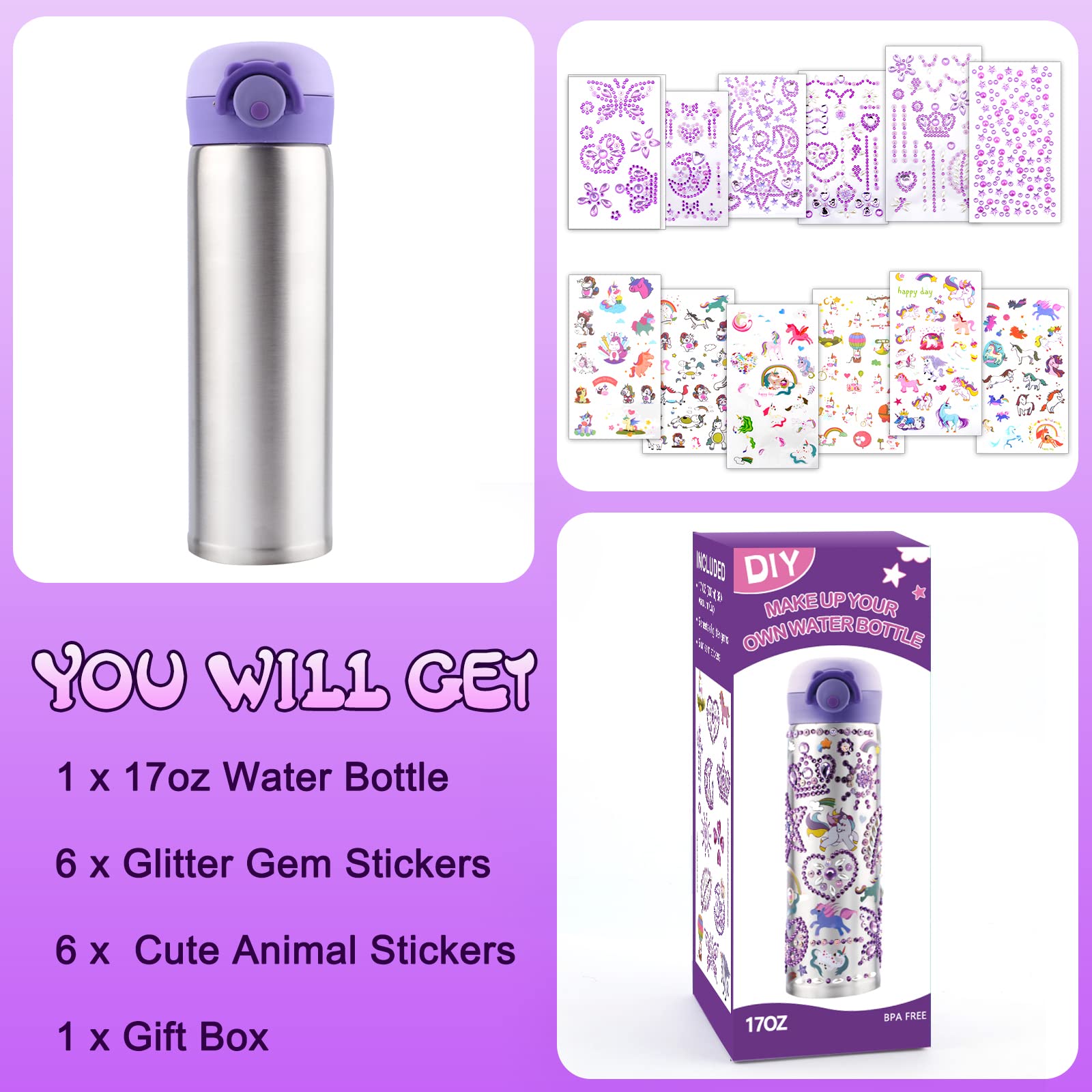 Coosilion Gifts for Kids, Decorate Your Own Water Bottle Kits for Girls Age 4-6-7-8-10-12 with Cute Stickers Arts and Crafts for School, Birthday Gifts for Girls, Back to School Supplies