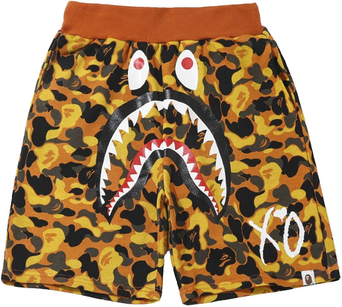 ShengZhenHua Shark Pattern Ape Bape Camouflage Stitching Shorts Men Drawstring Sports Shorts