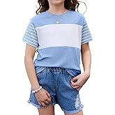 blibean Tween Girls Summer Shirts Short Sleeve Color Block Tops Size 6-15 Years