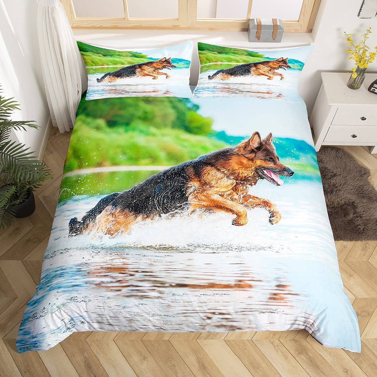 Loussiesd Kids Teen 3 Pcs German Shepherd Duvet Cover Set - Double 3D Hound Dog Bedding Set with Zipper&Ties 2 Pillowcase