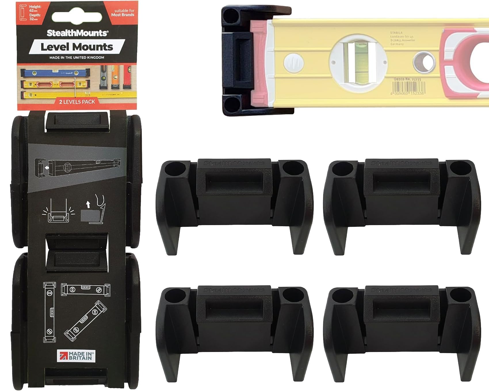 StealthMounts Universal Level Holder – 2 Pack Black Wall Mounts for Spirit Levels | Fits Most Brands | Locking Level Brackets for Workshop, Garage & Van Storage | Heavy Duty ABS | Made in The UK — image 1
