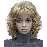 Kalyss Short Curly Wavy Blonde Wigs for Women Blonde Wig with Hair Bangs Heat Resistant Synthetic Hair Wigs 12 Inches